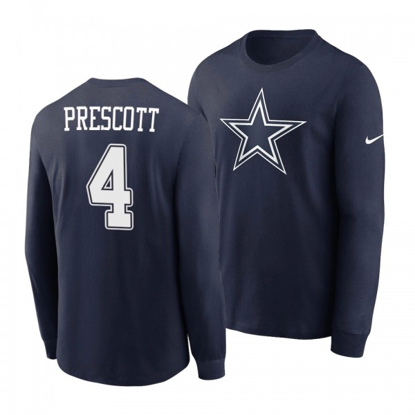 Dallas Cowboys Dak Prescott Navy Team Logo Name Number Long Sleeve T-Shirt
