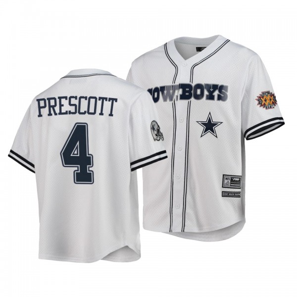 Cowboys #4 Dak Prescott White Mesh Button-Up Team Logo T-Shirt