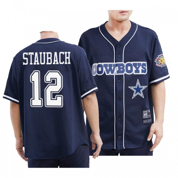 Cowboys #12 Roger Staubach Navy Retired Player Team Logo T-Shirt